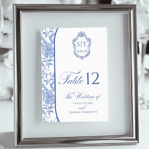Numeração De Mesa Crest Monograma Delft Azul Floral Script