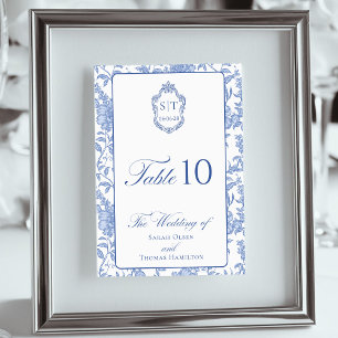 Numeração De Mesa Crest Monograma Delft Azul Floral Script