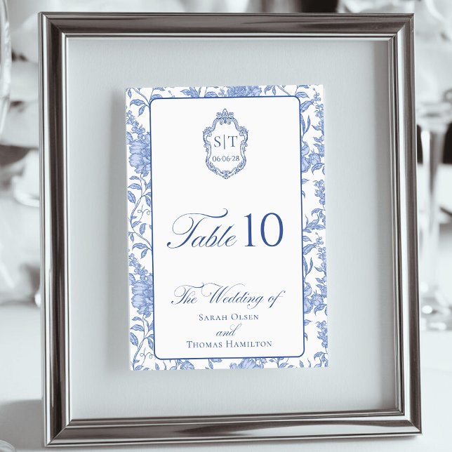 Numeração De Mesa Crest Monograma Delft Azul Floral Script (Criador carregado)