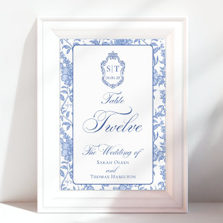 Numeração De Mesa Crest Monograma Floral Azul Script Doze