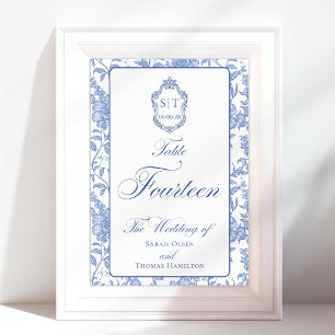 Numeração De Mesa Crest Monograma Floral Azul Script Quatorze