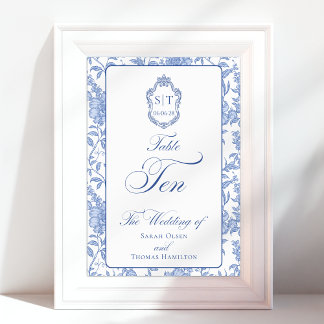 Numeração De Mesa Crest Monograma Floral Azul Script TEN