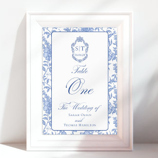 Numeração De Mesa Crest Monograma Floral Azul Script Um