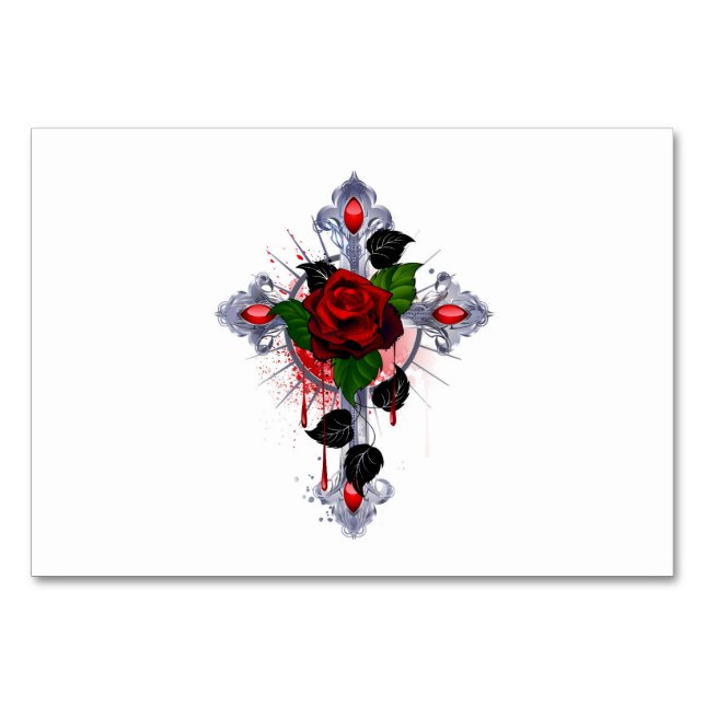 Numeração De Mesa Cruz de Prata com Rosa vermelha (Frente)