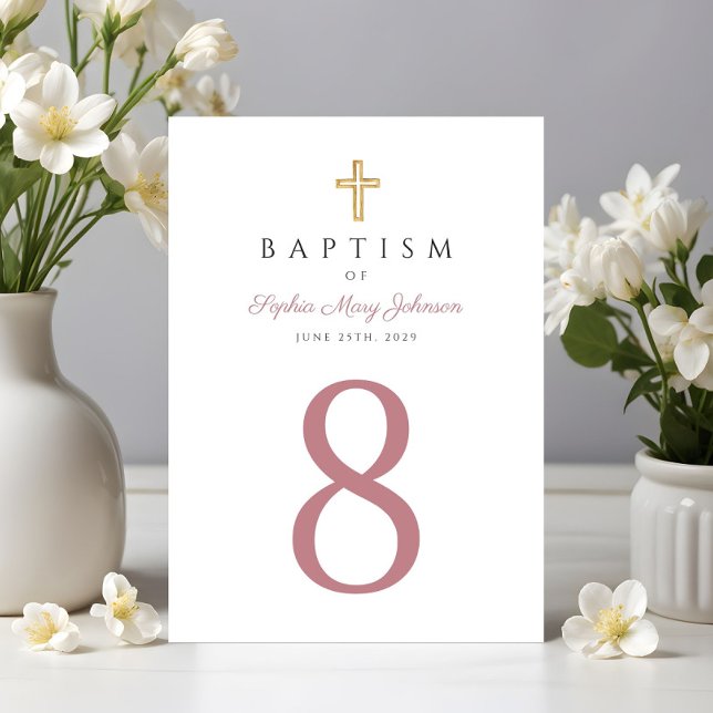 Numeração De Mesa Cruz Religiosa de Batismo de Menina em Script Rosa (Religious Cross Pink Girl Baptism Table Number)