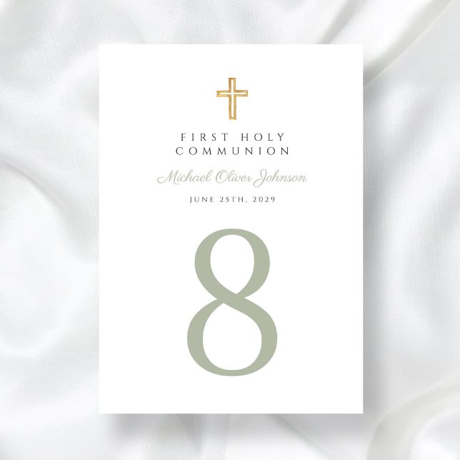 Numeração De Mesa Cruz Religiosa Verde Salvia Menino Primeira Comunh (Religious Cross Sage Green Boy First Communion Table Number)