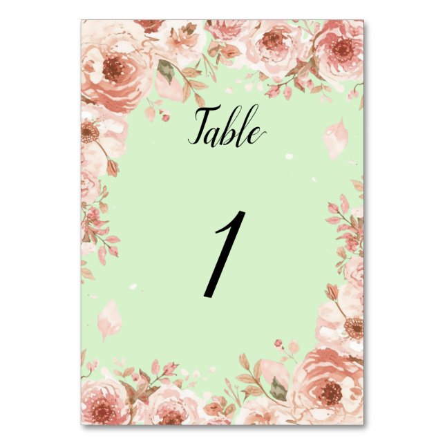 Numeração De Mesa Customisable Floral Wedding mint and Pink Roses  (Frente)