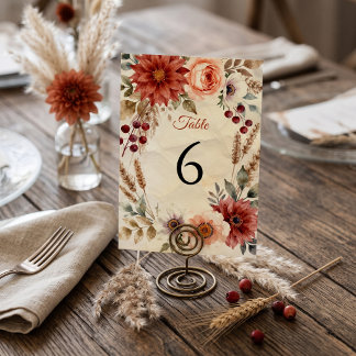 Numeração De Mesa Dália Rústica de Outono em Aquarela Floral Casamen