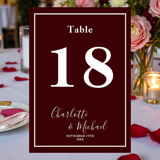 Numeração De Mesa Deep Burgundy Script Minimalist Wedding (Criador carregado)