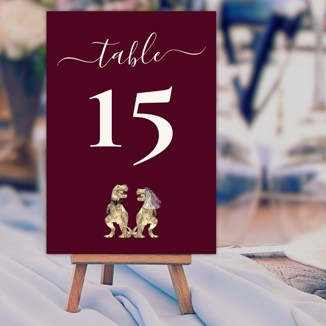 Numeração De Mesa Dinossauro Noiva e Casamento de Groom Burgundy & C (Dinosaur wedding burgundy & cream custom table number card T-Rex bride & groom elegant modern script)