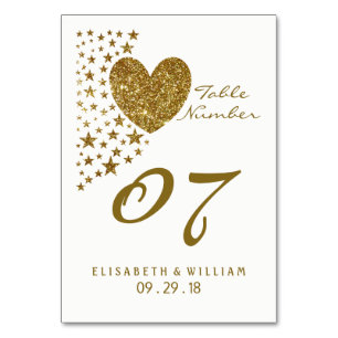Numeração De Mesa Dourada Glitter Heart e Stars Mesa de Casamento Nº