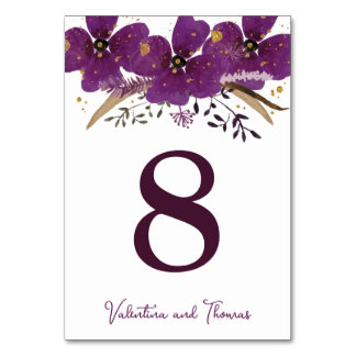 Numeração De Mesa Dourada Glitter & Purple Flowers Número da Tabela 