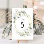Numeração De Mesa Dourado floral geométrico branco da mesa de casame<br><div class="desc">Um adorável design verde e ouro com flores brancas pintadas de aquarela. O texto e as cores deste cartão podem ser personalizados.</div>