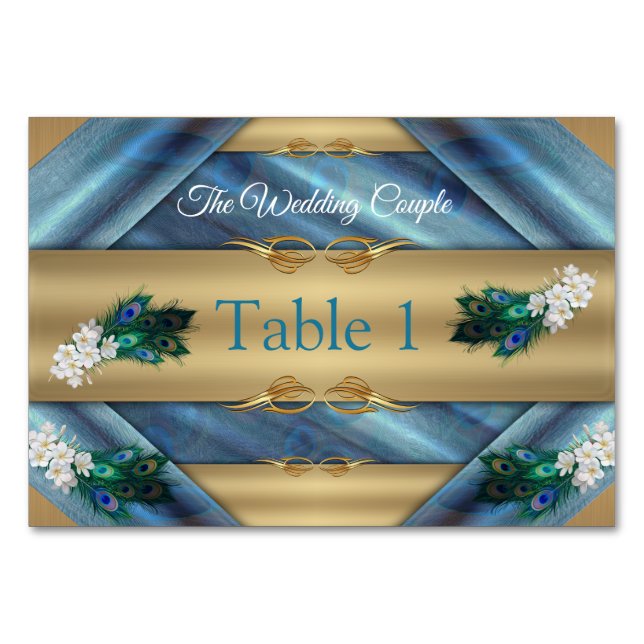 Numeração De Mesa Dourado, Penas Peacock na Emerald Green Silk (Frente)