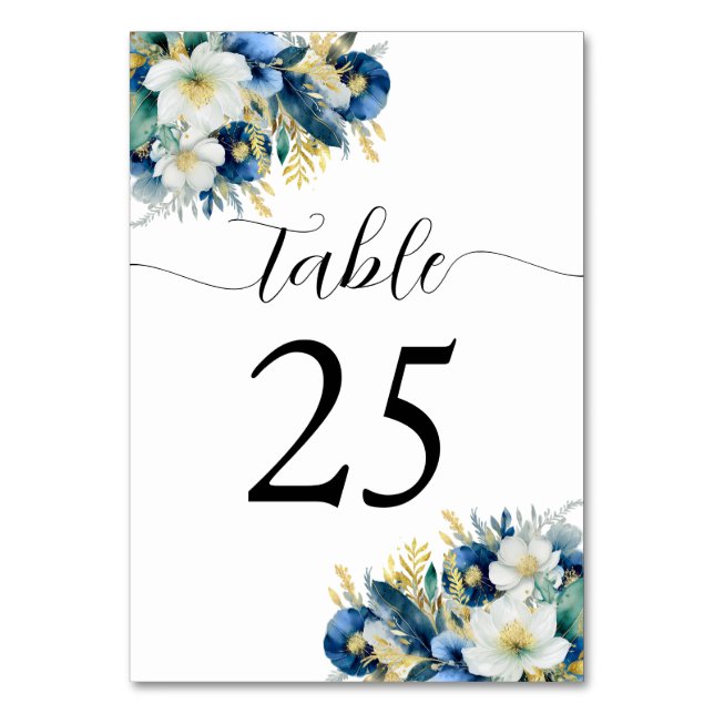 Numeração De Mesa Dusty Blue Dourado Casamento Floral (Frente)