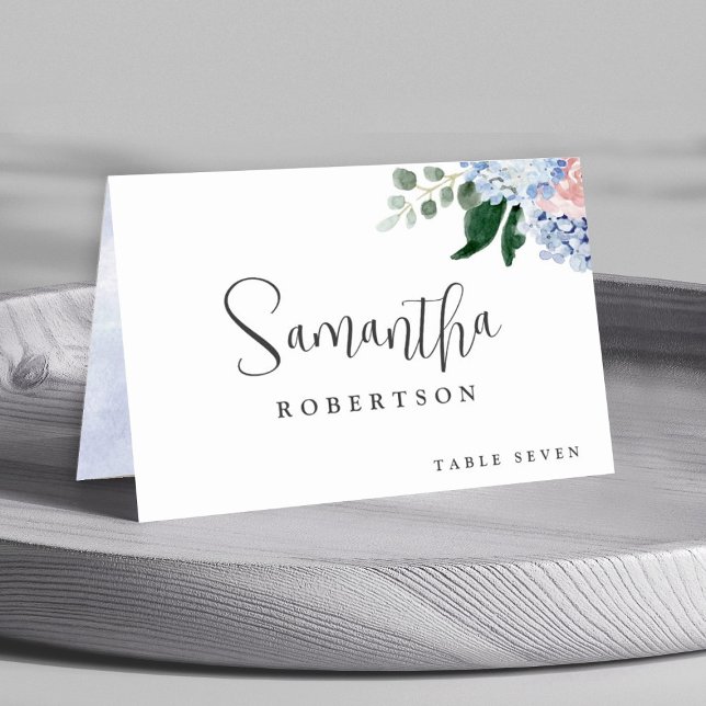 Numeração De Mesa Dusty Blue Pastel Pink Hydrangeas Guest (Dusty blue pink hydrangea customizable guest name wedding  table number card. )