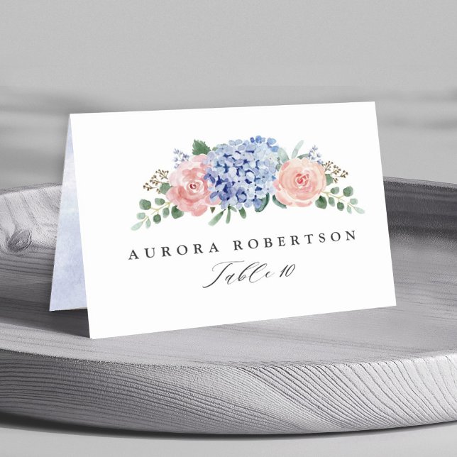Numeração De Mesa Dusty Blue Pastel Pink Hydrangeas Guest (Dusty blue pink floral botanical wedding guest name personalized place card)
