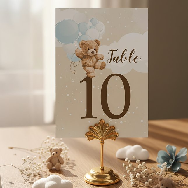 Numeração De Mesa Dusty Blue Teddy Bear Balloon Baby Shower (Teddy Bear Baby Shower Table Number Cards | Dusty Blue Teddy Bear Baby Shower | Boy Teddy Bear)