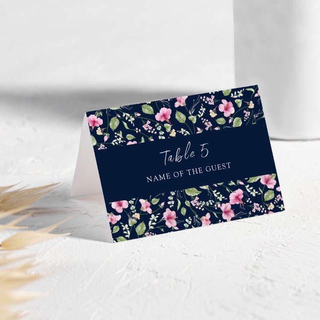 Numeração De Mesa Dusty Navy Blue Pink Hibiscus Wedding Place Card (Criador carregado)
