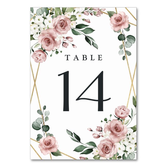 Numeração De Mesa Dusty Rosa Rosa e Dourado Casamento Verde Floral (Frente)