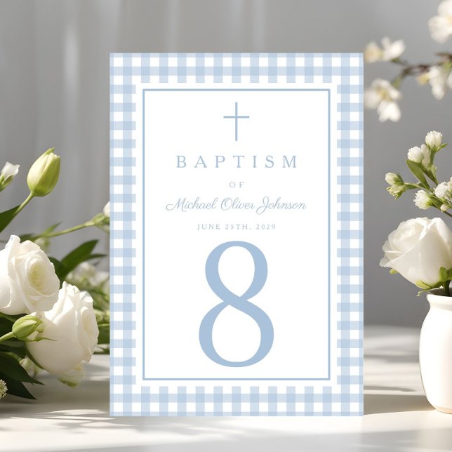 Numeração De Mesa Elegant Baby Blue Gingham Boy Baptism (Elegant Baby Blue Gingham Boy Baptism Table Number)