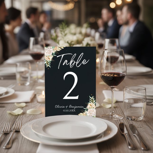 Numeração De Mesa Elegant Black Floral Wedding Table Number Card (Criador carregado)
