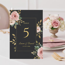 Numeração De Mesa Elegant Black & Gold Roses Wedding Table Number
