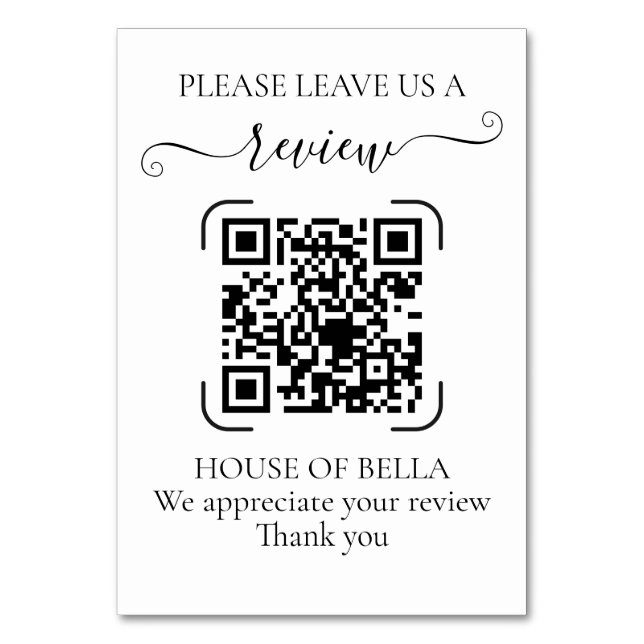 Numeração De Mesa Elegant Black Script QR Code Business Review (Frente)