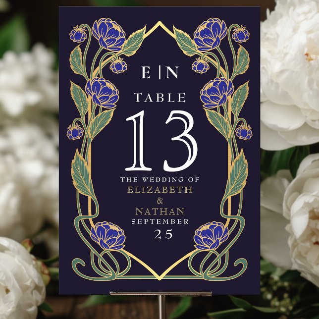 Numeração De Mesa Elegant Blue Peony Art Nouveau Floral Wedding (Criador carregado)