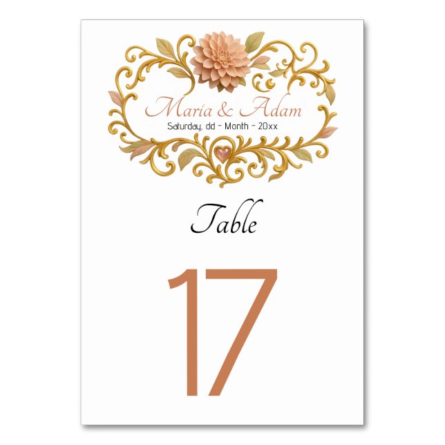 Numeração De Mesa Elegant Blush Dahlias Golden Script Wedding (Frente)