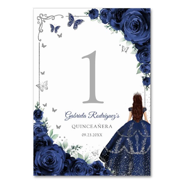Numeração De Mesa Elegant Chic Navy Blue Roses Silver Quinceanera (Frente)