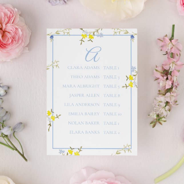 Numeração De Mesa Elegant Floral Blue & Yellow Wedding Seating Card (Criador carregado)