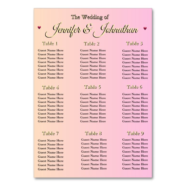 Numeração De Mesa Elegant Pink Red Hearts Wedding Seating Chart (Frente)