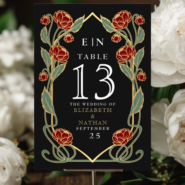 Numeração De Mesa Elegant Red Peony Art Nouveau Floral Wedding (Criador carregado)