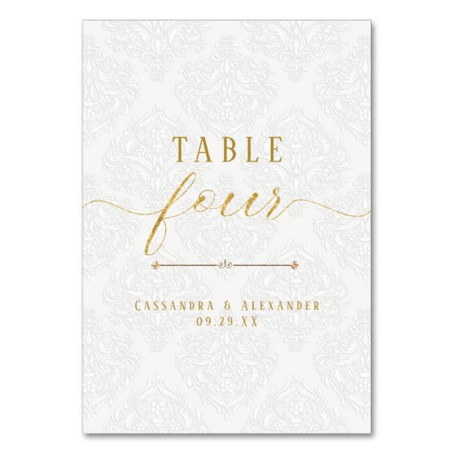 Numeração De Mesa Elegant Script Renda Branca Dourado 4 Quatro Casam (Frente)