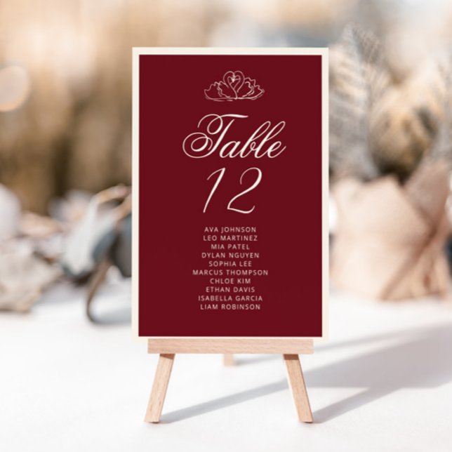 Numeração De Mesa Elegant Swan Deep red Table Seating Chart cards (Criador carregado)