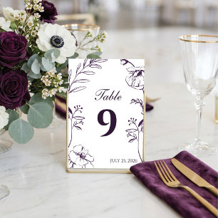 Numeração De Mesa Elegante Arte Linear de Florais Roxos Ameixa Casam