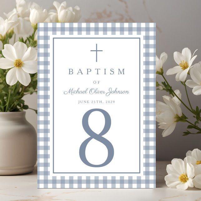 Numeração De Mesa Elegante Batismo Menino Ginga Azul Poento (Elegant Navy Blue Gingham Boy Baptism Table Number)