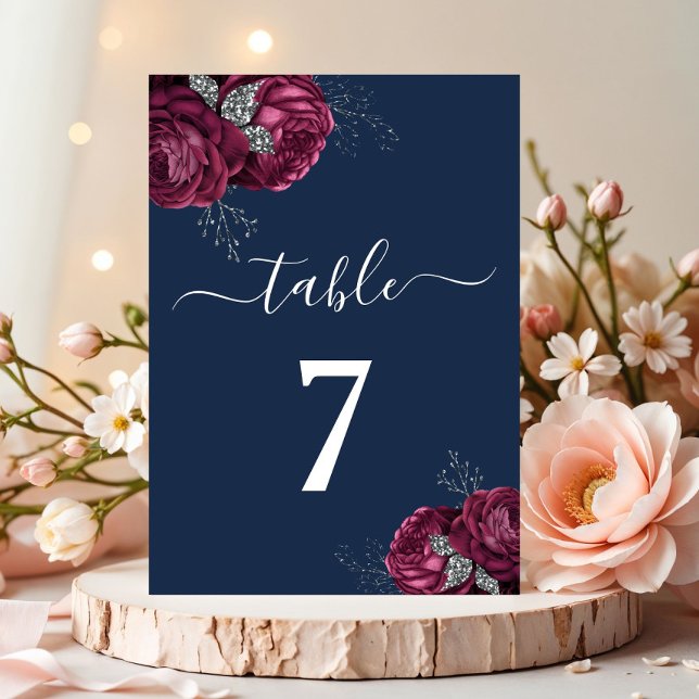 Numeração De Mesa Elegante Borgonha Vermelha Marinho Azul (Elegant Burgundy Red Navy Blue Floral Peonies Table Number)