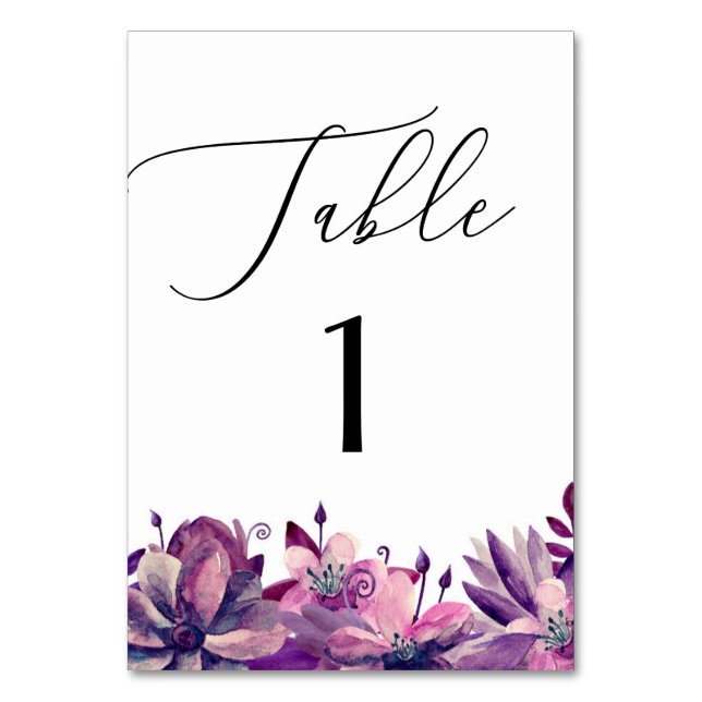 Numeração De Mesa Elegante casamento roxo floral script aquarela (Frente)