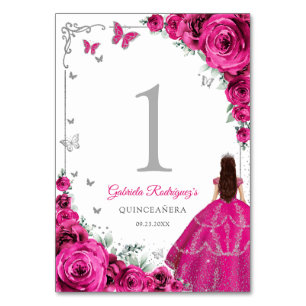 Numeração De Mesa Elegante Chic Rosa Fúcsia Rosas Quinceanera Prata