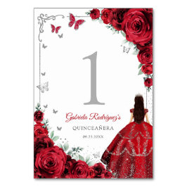 Numeração De Mesa Elegante Chic Rosas Vermelhas Quinceanera Prata