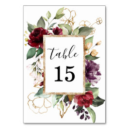 Numeração De Mesa Elegante Floral Aquarela Dourada Vermelho Intenso