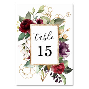 Numeração De Mesa Elegante Floral Aquarela Dourada Vermelho Intenso