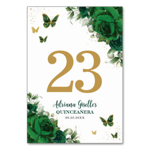 Numeração De Mesa Elegante Flores Verde Esmeralda Borboletas Dourada