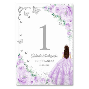 Numeração De Mesa Elegante Lilás Roxo Rosas Prata Quinceanera