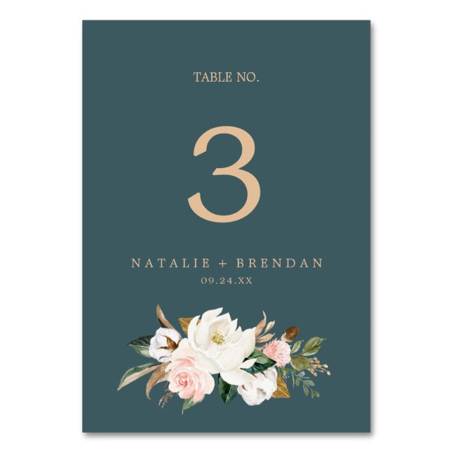 Numeração De Mesa Elegante Magnolia | Teal e Quadro Branco (Frente)