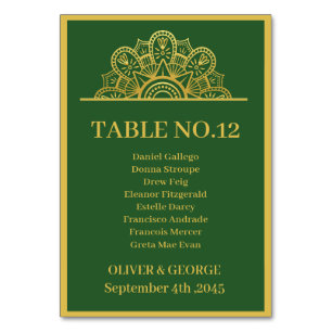 Numeração De Mesa Elegante Mandala Verde Escuro e Dourado Casamento