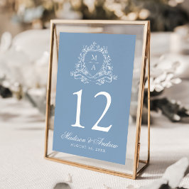 Numeração De Mesa Elegante Monograma de Crista Floral Azul de Casame