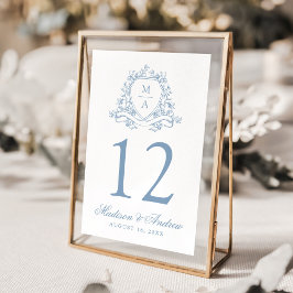 Numeração De Mesa Elegante Monograma de Crista Floral Azul para Casa